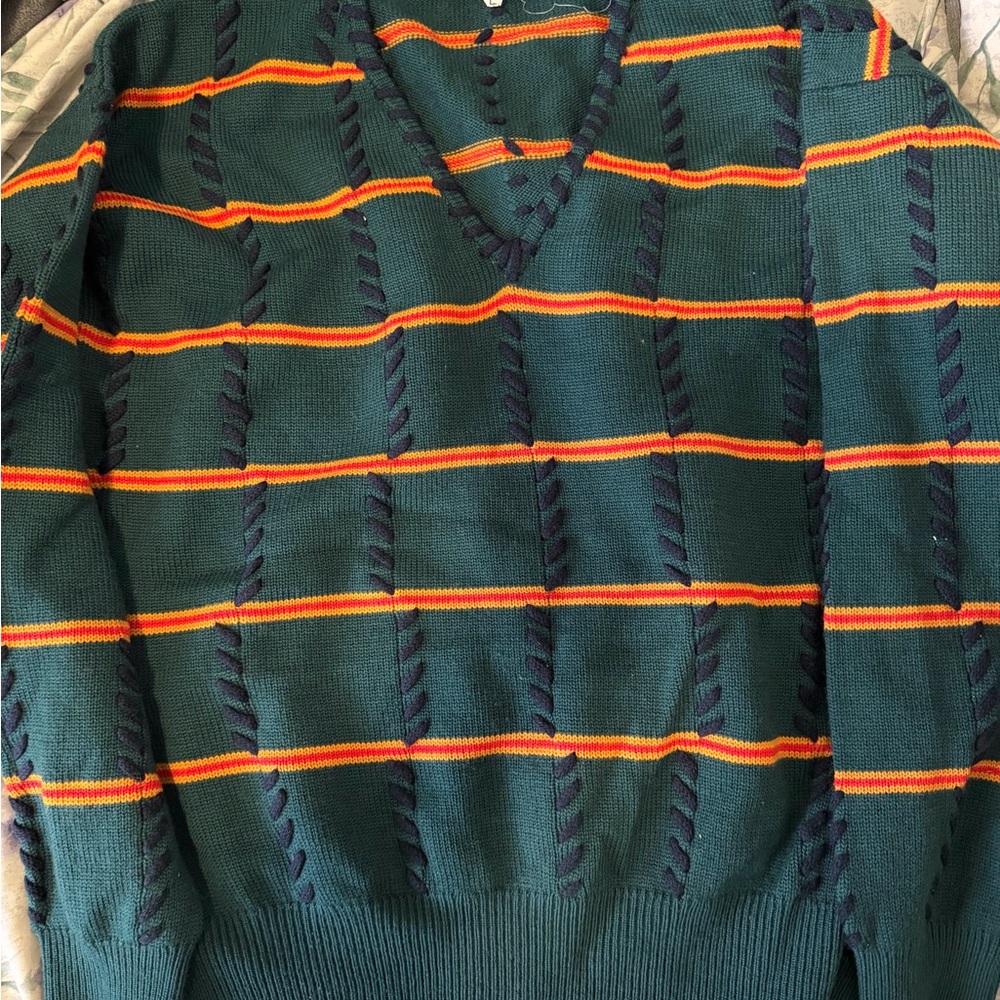 Dior V-Neck Sweater in Green with Orange Stripes
